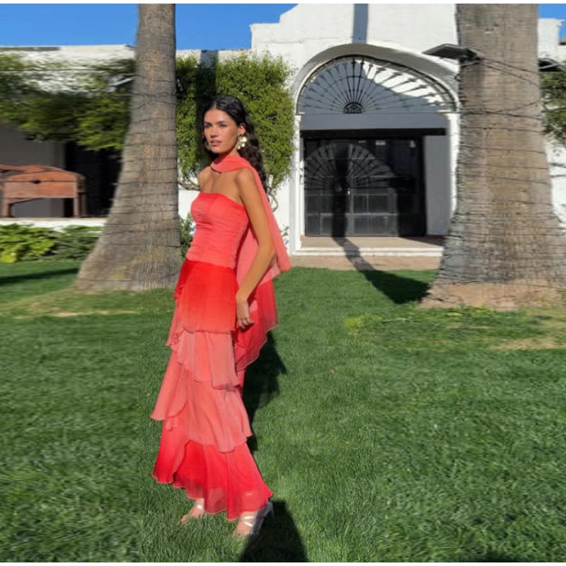 Gradient Flowy Chiffon Three Piece Set With Tube Top Tiered Skirt And Sheer Scarf