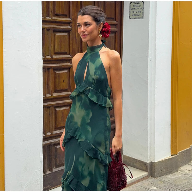 Boho Floral Halter Maxi Dress With Cutout And Tiered Ruffles Sleeveless