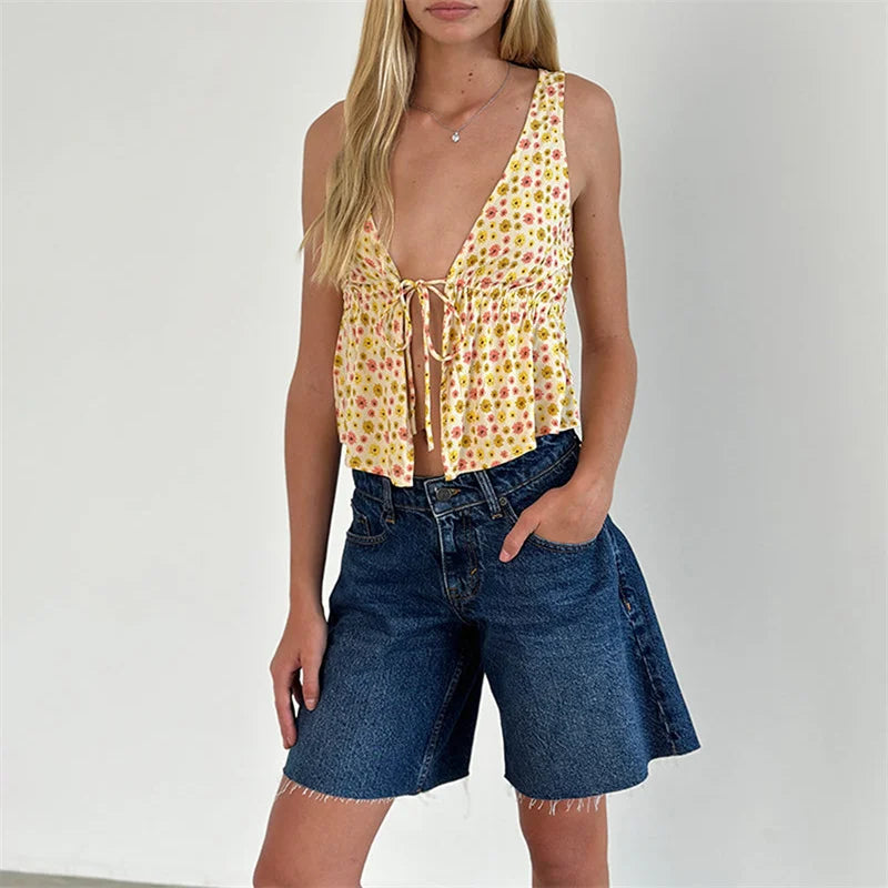 Y2K Floral Print Tie Front Tank Top for Women V Neck Sleeveless