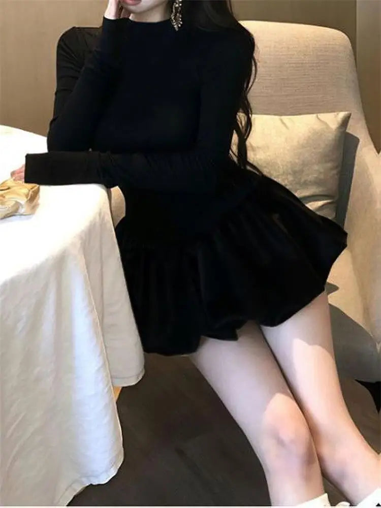 Black Long Sleeve Dress With High Collar And Puffy Silhouette
