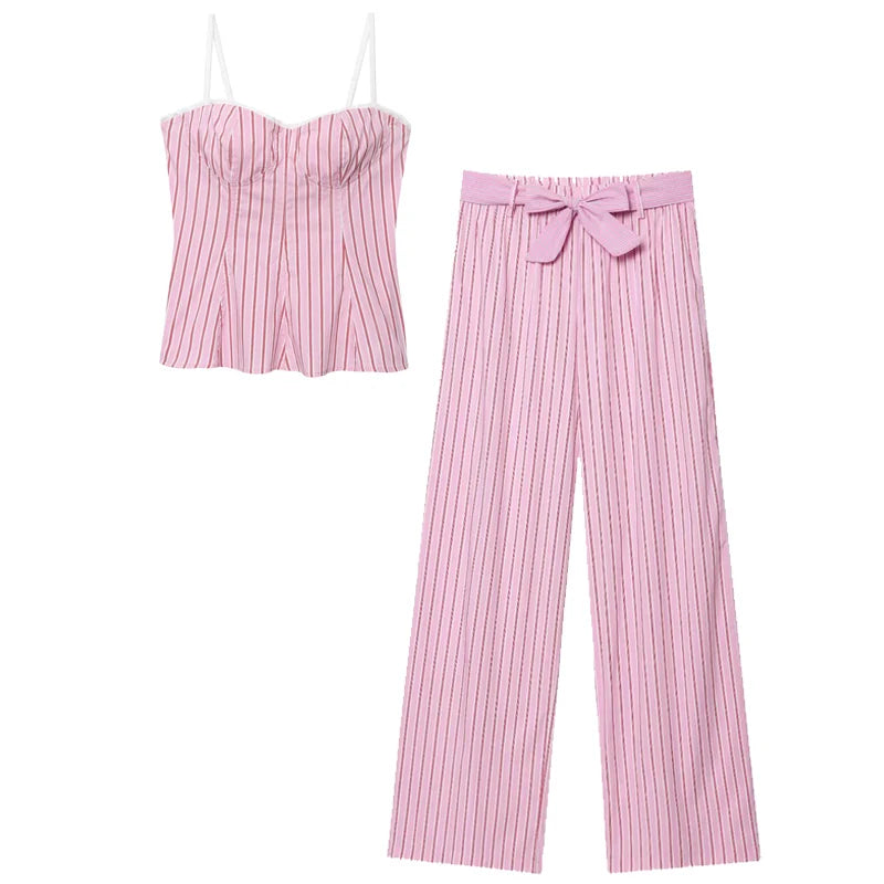 Striped Pant Sets With Crop Top Bow Detail And High Waist Trousers