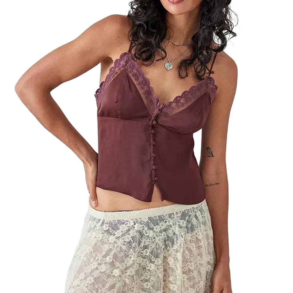 Dreamy V Neck Lace Trim Spaghetti Tank Top With Backless