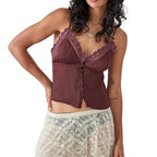 Dreamy V Neck Lace Trim Spaghetti Tank Top With Backless