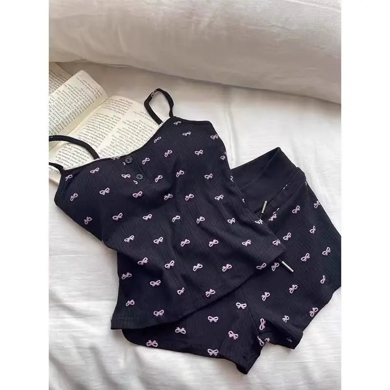Bow Pajamas Set For Women Two Piece Summer Sleepwear With Tank Top And Shorts Lounge Ensemble