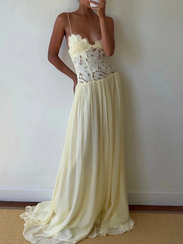 Hollow Out Lace Patchwork Sleeveless Dress With V Neck