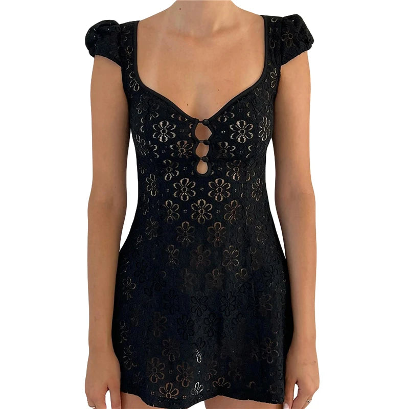 Sheer Lace Mini Dress With V Neck Short Sleeves Hollow Details