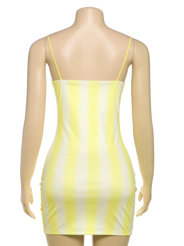 Striped Spaghetti Strap Dress With Pleated Backless Mini Bodycon