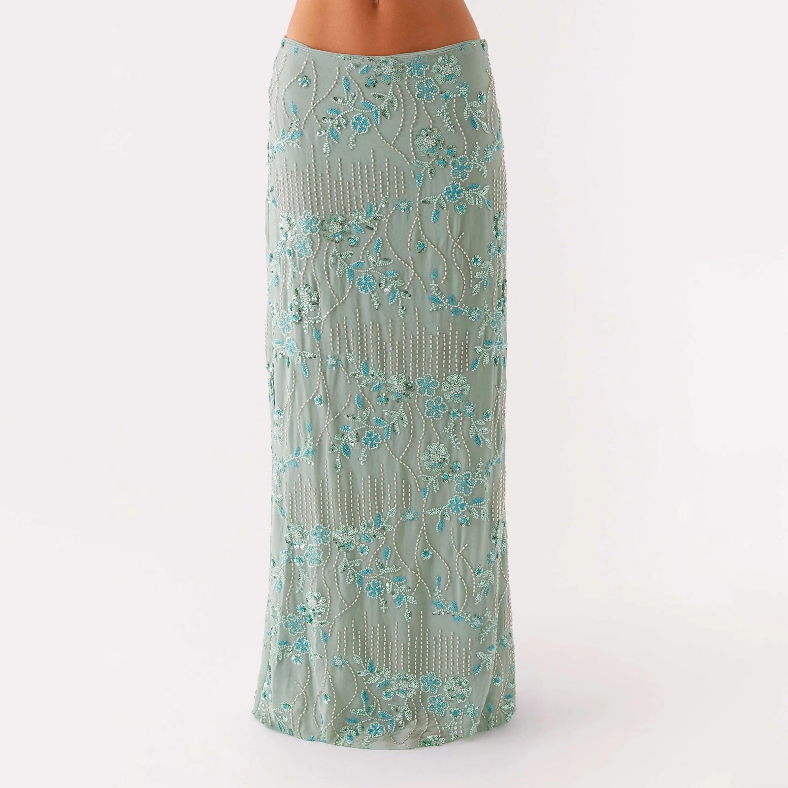 Elegant Beaded Sequin Maxi Skirt With Floral Embroidery