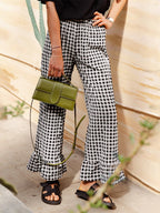 Fashion Women’s Y2k Plaid Wide Leg Pants Gingham Ruffled Hem Elastic Waistband Loose Casual Trousers