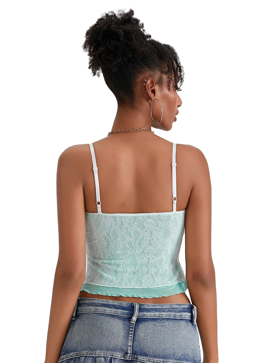 Fairycore Lace Camisole With Spaghetti Straps And Patchwork Detail Top