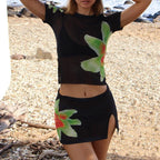 Floral Mesh Beach Cover Up Set With Crop Top And Mini Skirt In Sheer