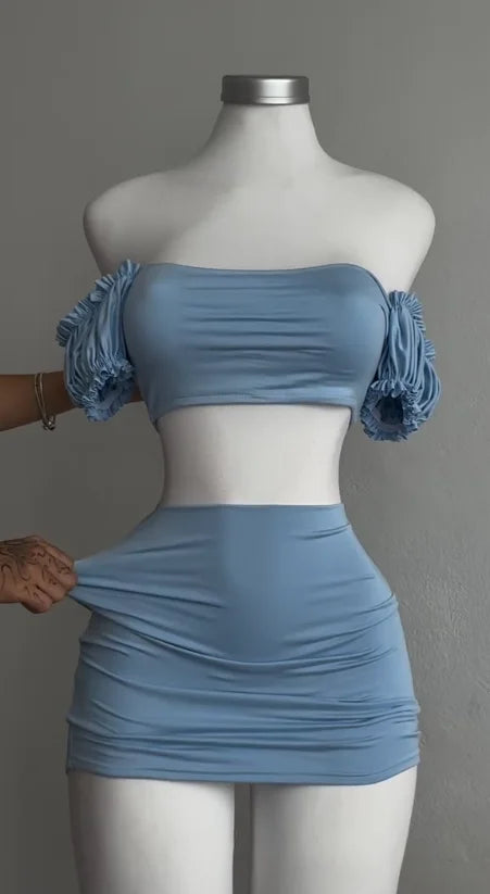 Alluring Two Piece Set With Wrapped Hip Skirt And Hollowed Pleated Puff Sleeves