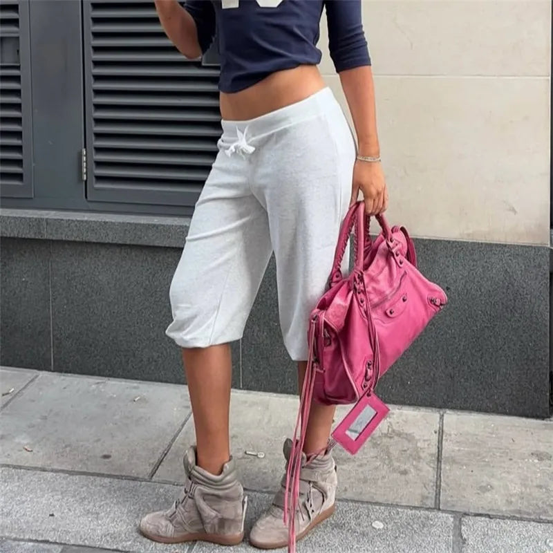 Women Vintage Y2K Low Waist Capri Sweatpants Drawstring Loose 3/4 Length Cropped Pants
