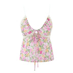 Floral Print Chiffon Sexy Backless Slim Super Short Lace Camis Top