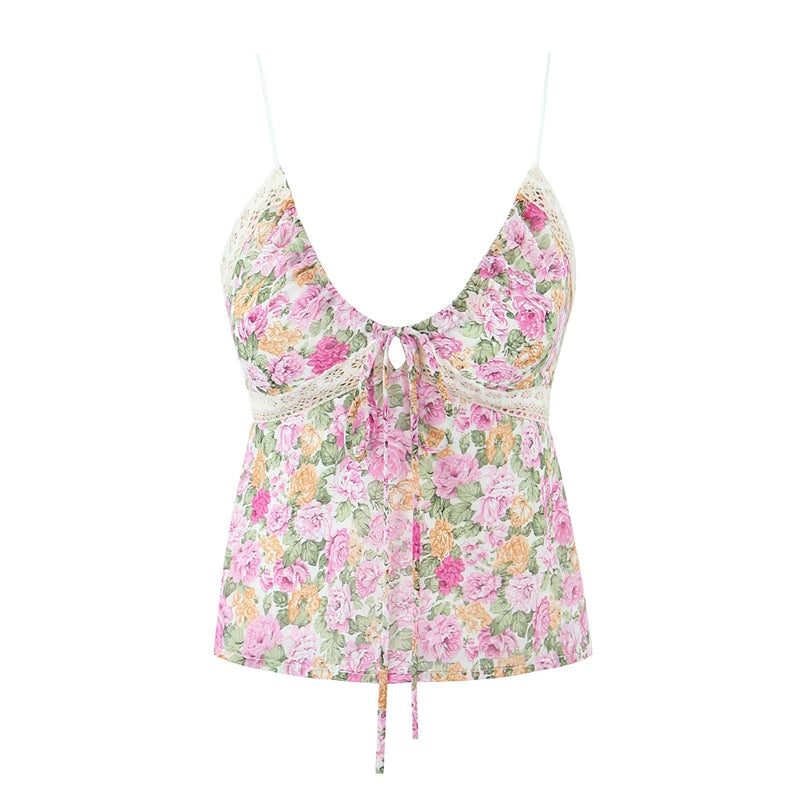 Floral Print Chiffon Sexy Backless Slim Super Short Lace Camis Top
