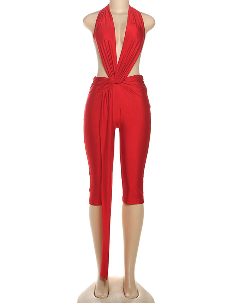Midnight Patchwork Halter Romper Backless Slim Fit