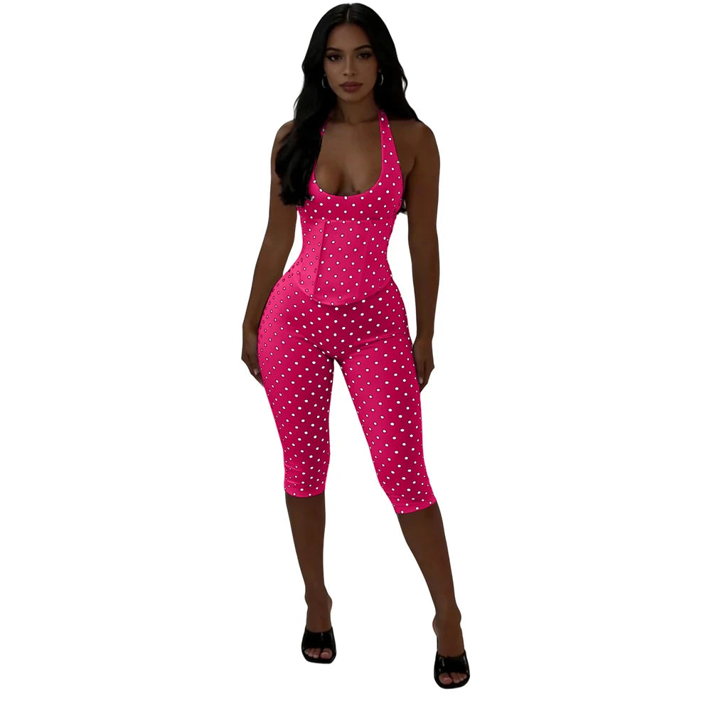 Cute Dots Design Halter Jumpsuit With Zipper Backless Sleeveless
