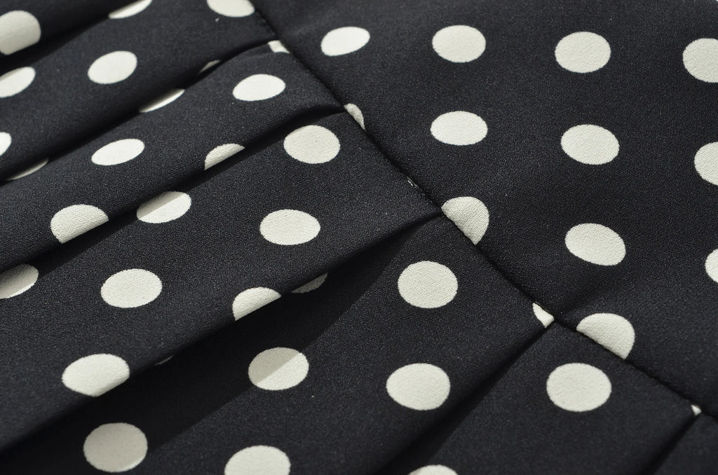 Black Polka Dot Pleated Mini With Shorts Lining Low Waist Skater Style Button Details