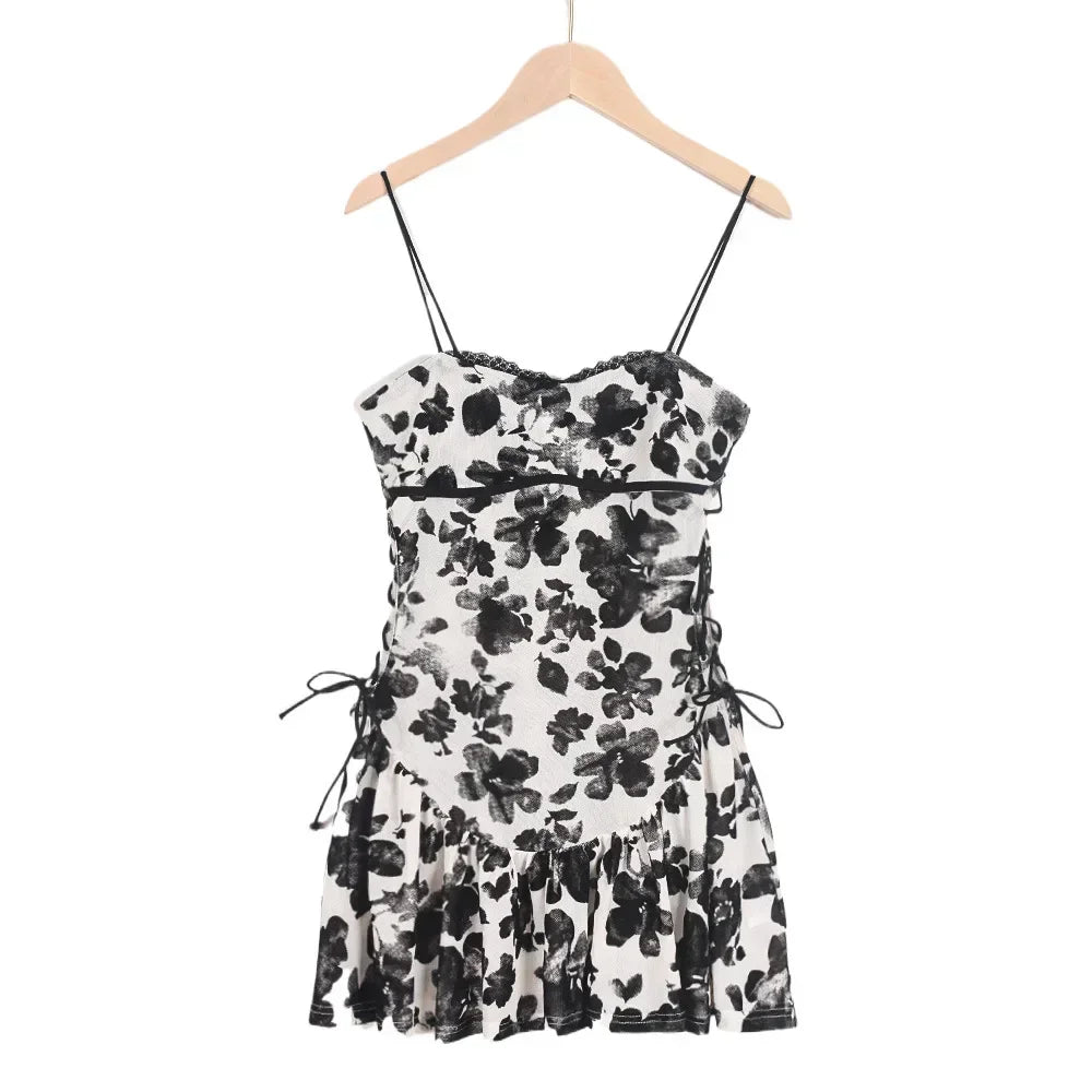 Floral Print Strapless Mini Dress With Ruffles Sleeveless Above Knee