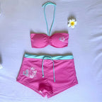 Tropical Floral Swimsuit Set With Neck Tube Top And Drawstring Shorts For Beach Leisure