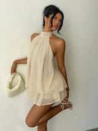 Women's Halter Neck Chiffon Mini Dress - Backless Tie-Front