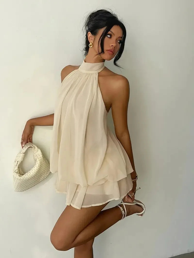 Women's Halter Neck Chiffon Mini Dress - Backless Tie-Front