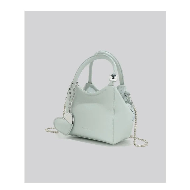 Romantic Litchi Grain Mini Shoulder Bag With Heart Pendant And Delicate Chain Strap