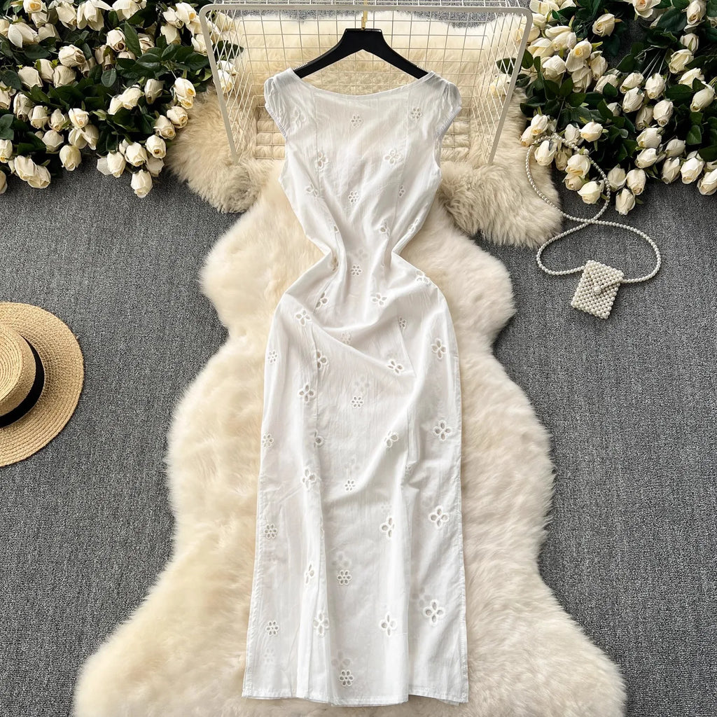 Elegant White V Neck Bodycon Dress With Hollow Out Detailing