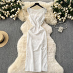 Elegant White V Neck Bodycon Dress With Hollow Out Detailing