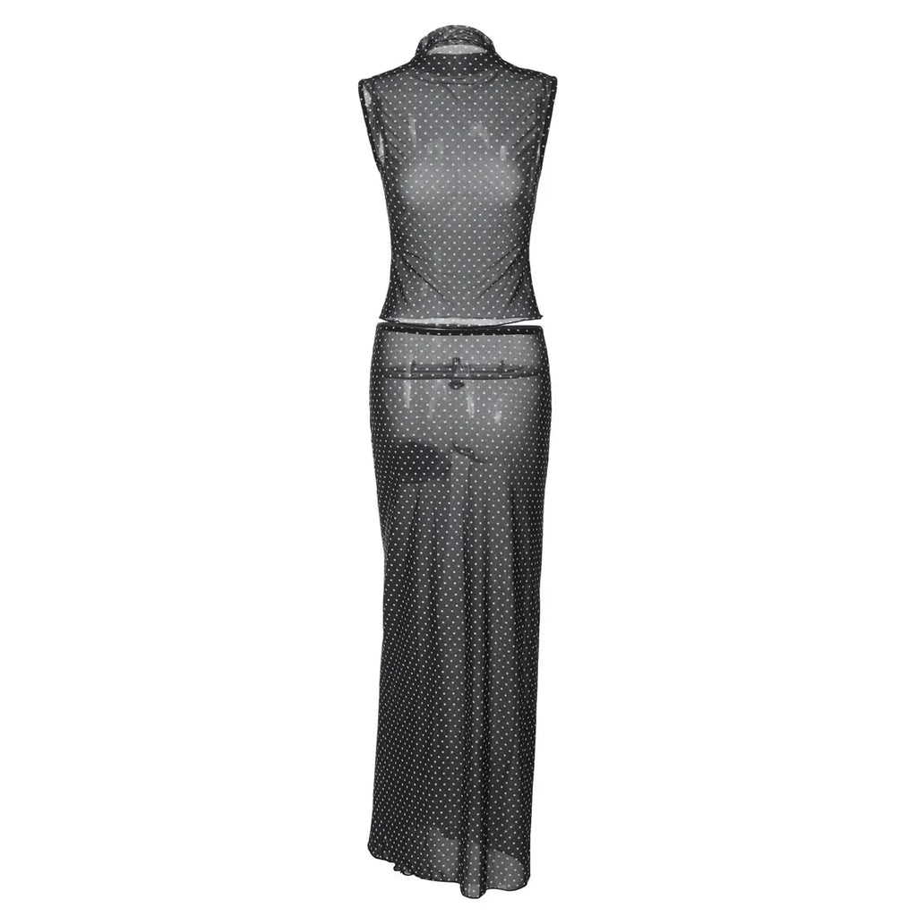 Vintage Polka Dot Dress Set With See Through Top And Long Skirt For Summer Parties