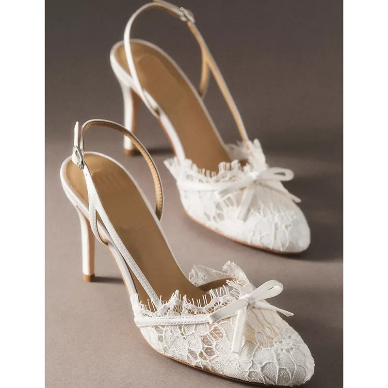 Butterfly Knot Lace Shingback Sandals With Buckle Strap Pointed Toe Slim Heels