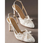 Butterfly Knot Lace Shingback Sandals With Buckle Strap Pointed Toe Slim Heels
