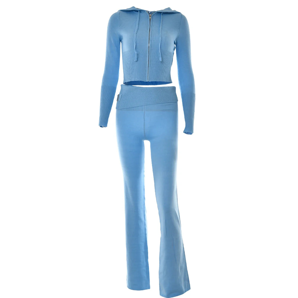 Ribbed Knit Two Piece Tracksuit Set With Hooded Crop Top And Elastic Zippered Pants