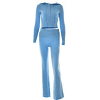 Ribbed Knit Two Piece Tracksuit Set With Hooded Crop Top And Elastic Zippered Pants