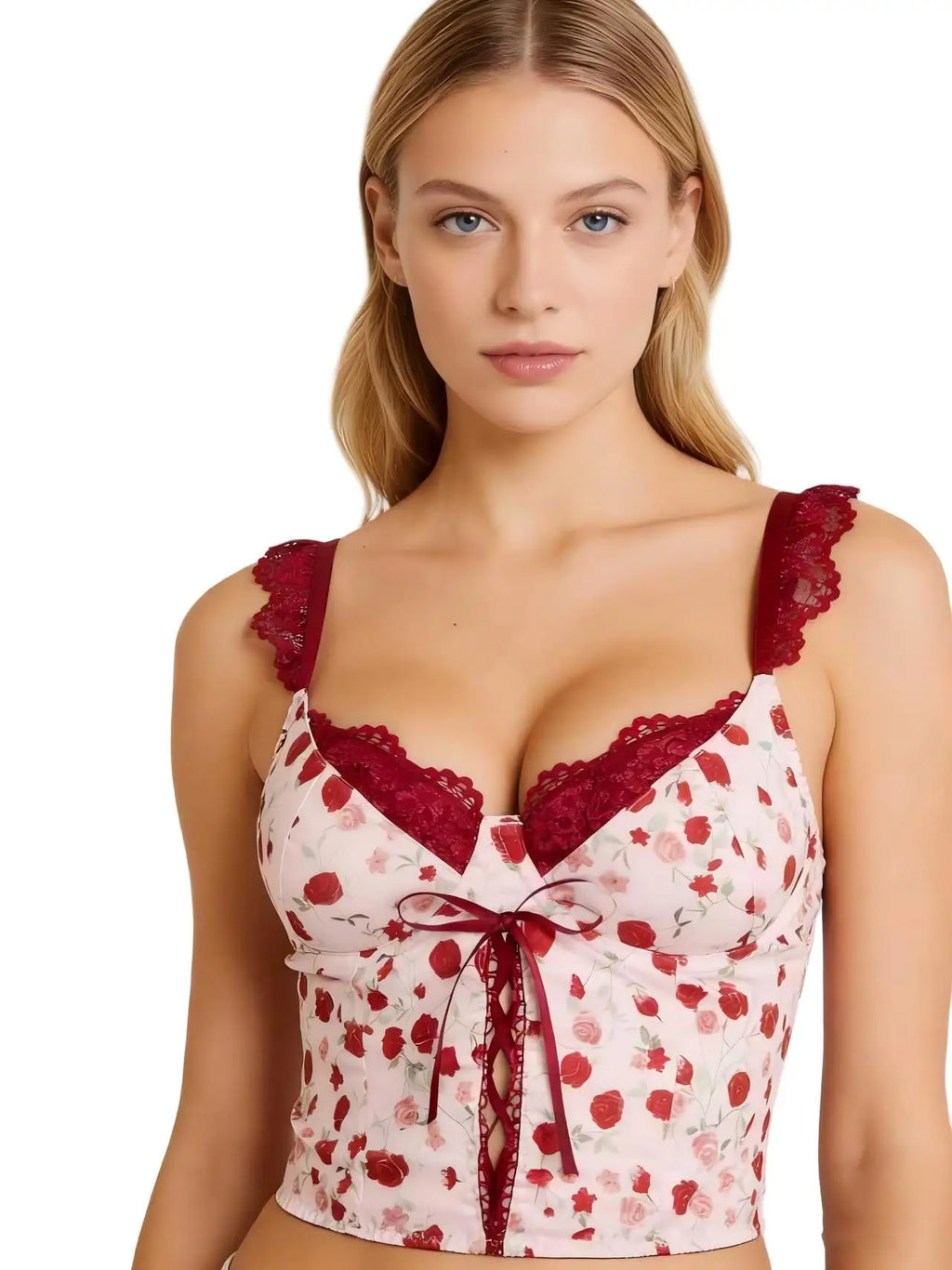 Women's Sweet Rose Floral Print Corset Top Lace Strap Bow Detail Bustier Crop Y2K Fashion Top