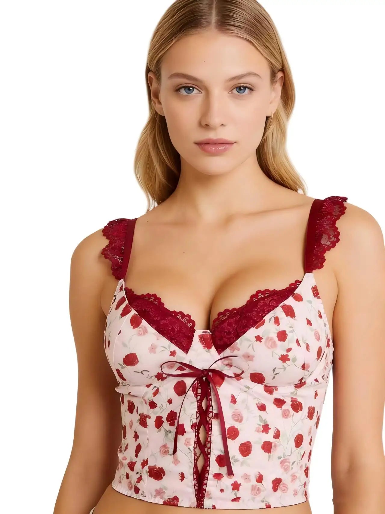 Women's Sweet Rose Floral Print Corset Top Lace Strap Bow Detail Bustier Crop Y2K Fashion Top