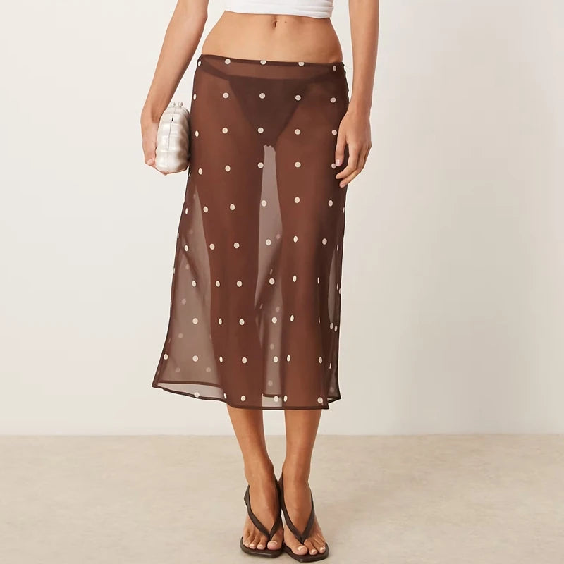 Polka Dot Sheer Midi Skirt With Mesh Details Flowy Maxi