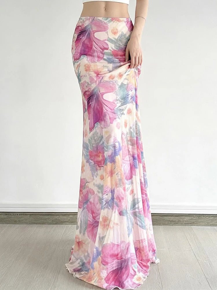 Bohemian Mesh Floral Maxi Skirt For Women Elegant High Waist