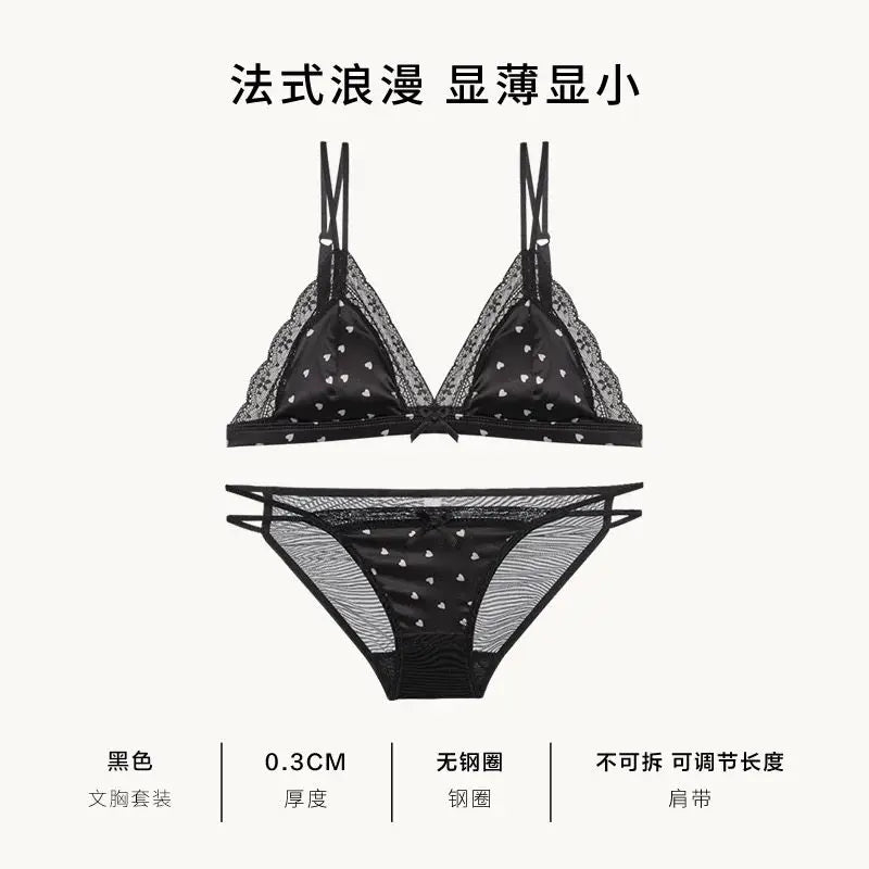 French Style Satin Lace Lingerie Set With Triangle Cups Wireless Soft Fabric Daily Wear