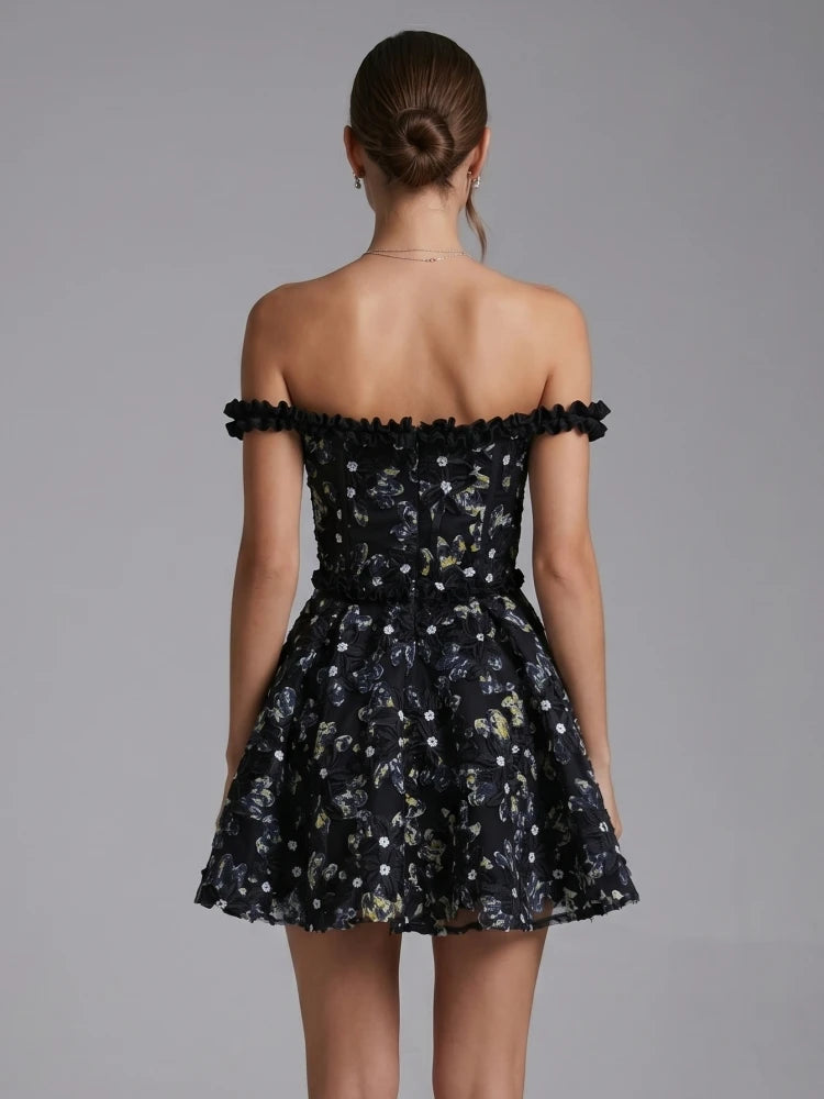 Off Shoulder Floral Embroidery Mini Dress With Delicate Ruffles Sleeveless And Backless