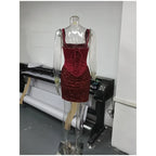 Sequin Patchwork Sling Mini Dress Off Shoulder Backless Waist Cinching Party Gown
