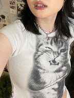 Animal Print Crop Top In White Slim Fit Crewneck Tee For Casual Vintage Vibe Everyday Chic