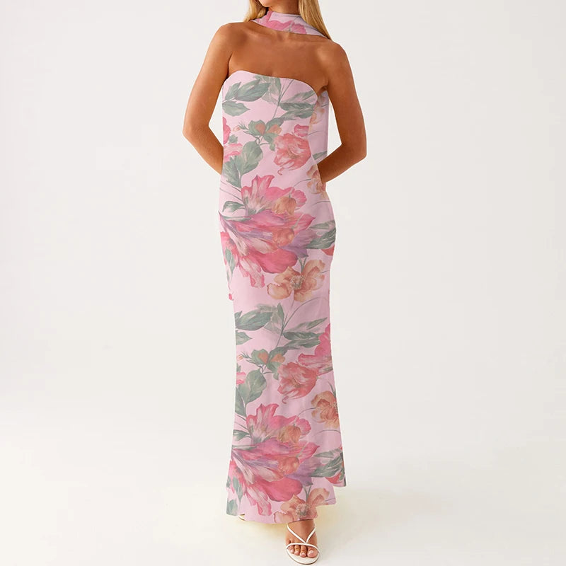 Floral Tube Maxi Dress With Scarf Strapless Backless Mesh Bodycon Sundress