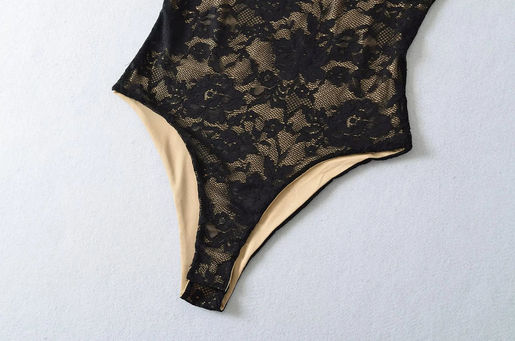 Sexy Lace See Through Bodysuit With Lining Elastic Spaghetti Straps Slim Fit