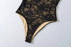 Sexy Lace See Through Bodysuit With Lining Elastic Spaghetti Straps Slim Fit