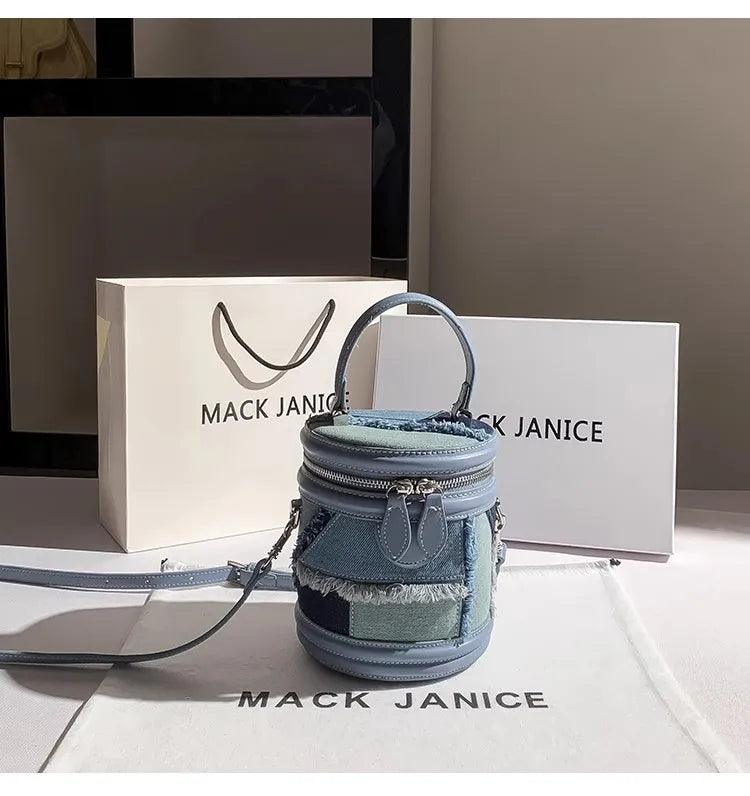 Denim Tassel Cylinder Bag For Women With Shoulder Messenger Style