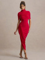Blue Irregular Shawl Maxi Dress Slim Fit Pleated Turtleneck Elegant Evening