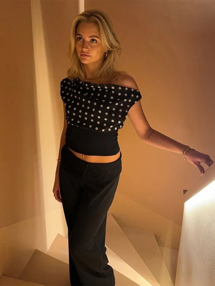 Polka Dot Off Shoulder Crop Top With Skew Collar And Ruched Backless