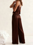 Satin Silk Pajamas Set Floral Lace Trim Tie Front Split Camisole Tops+ Straight Leg Pants 2Pcs Sleepwear