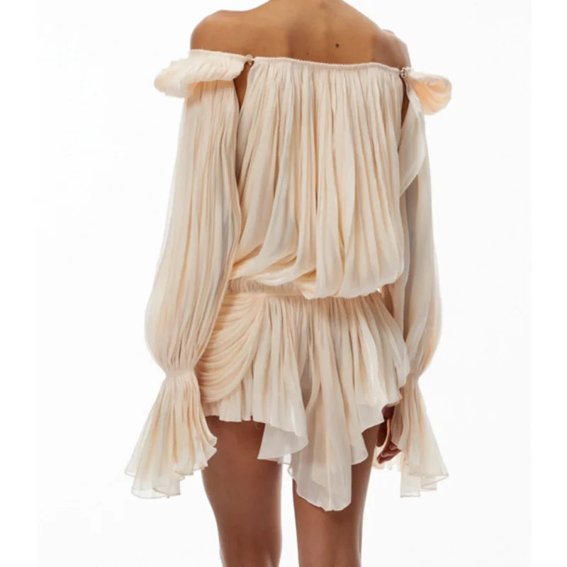 Satin Off Shoulder Pleated Mini Dress With Puff Sleeves And Cinched Waist